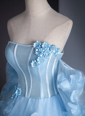 Blue Flowers and Tulle Puffy Sleeves Prom Dress