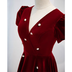 Vestido de fiesta de terciopelo con escote en V rojo vino