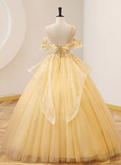 Light Yellow Tulle with Beadings and Lace Party Dress