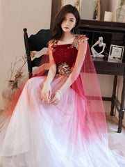 Vestido largo de fiesta de boda con flores y tul degradado rojo