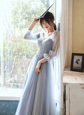 Light Blue Tulle Long Party Dress with Puffy Sleeves