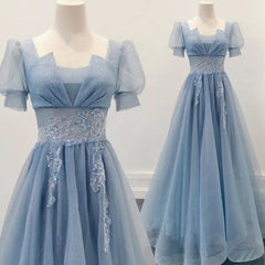Blue Shiny Tulle Short Sleeves Long Formal Dress