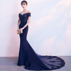 Beautiful Navy Blue Mermaid Lace Long Party Dress
