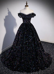 Black Sequins Off Shoulder Beaded Party Dress