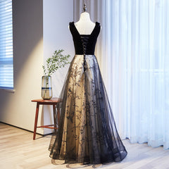 V-neckline Black Tulle with Velvet Top Long Evening Dress Party Dress