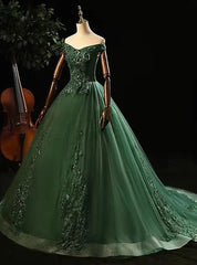 Vestido de fiesta largo de tul verde con apliques de encaje