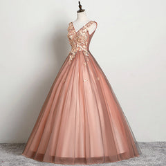 Hermoso vestido de fiesta de tul con escote en V en color rosa para dulces 16
