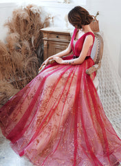 Red V-neckline Tulle A-line Long Prom Dress