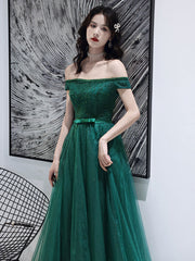 Dark Green Tulle Beaded Off Shoulder Long Party Dresses