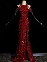 Wine Red Sequins Halter Mermaid Floor Length Party Dress