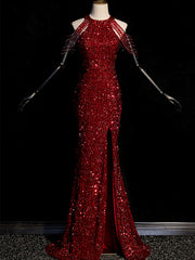 Wine Red Sequins Halter Mermaid Floor Length Party Dress