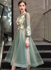 Green Floral Long Sleeves Tea Length Party Dress