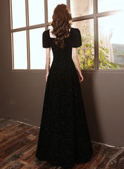 Black Short Sleeves A-line Velvet Long Prom Dress