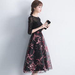 Lovely Black Lace Short Sleeves Floral Tulle Party Dress
