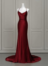 Wine Red Satin Mermaid Straps Low Back Prom Dress
