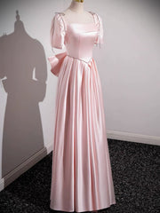 Vestido de fiesta de satén rosa con mangas cortas y corte A hasta el suelo