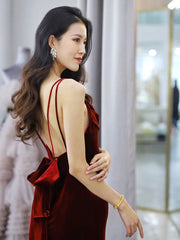 Wine Red Velvet Mermaid Straps Long Party Dress 2022