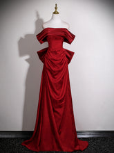 Wine Red Satin Off Shoulder Long Formal Dress with Bow