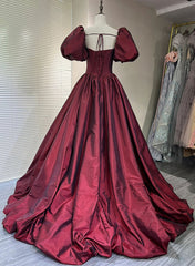 Vestido formal largo de manga corta de tafetán rojo vino