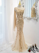 Lovely One Shoulder Champagne Sequins Mermaid Prom Dress