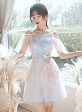 Precioso vestido de fiesta corto de tul rosa y azul con corte A