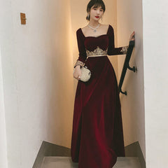 Elegant Wine Red Velvet Long Sleeves Party Dress