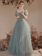 Light Green Short Sleeves Tulle Floor Length Party Dress