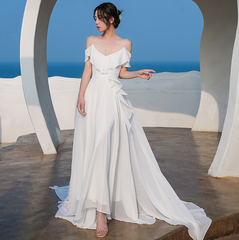 Beautiful White Chiffon Straps Low Back Long Wedding Party Dresses