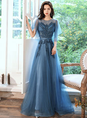 Vestido de fiesta largo de tul azul verdoso con corte A y encaje
