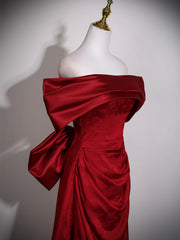 Wine Red Satin Off Shoulder Long Formal Dress with Bow