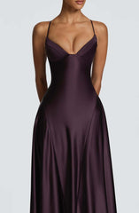 Lovely Purple Satin and Tulle Straps Long Party Dress