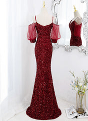 Vestido largo de fiesta estilo sirena de terciopelo rojo vino