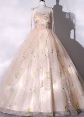 Champagne Floral Tulle Straps Sweetheart Long Party Dress