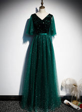 Vestidos de fiesta de boda largos de tul brillante con escote en V verde