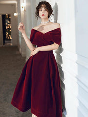 Wine Red Velvet Tea Length Homecoming Dress