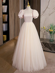 Light Champagne Tulle with Light Pink Satin Prom Dress