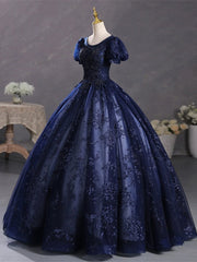 Vestido de fiesta azul marino con escote redondo y mangas cortas