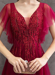Wine Red Lace Beaded Puffy Sleeves Party Dress