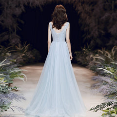 Light Blue V-neckline Tulle Long Prom Dress
