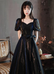 Black A-line Short Sleeves Tulle Long Formal Dress