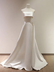 Vestido formal largo de satén blanco sin tirantes, corte A