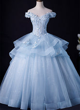 Blue Tulle Ball Gown Off Shoulder Layers Sweet 16 Dress