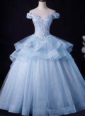Blue Tulle Ball Gown Off Shoulder Layers Sweet 16 Dress