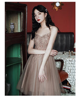 Champagne Tulle Knee Length Beaded Sweetheart Prom Dress