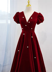 Vestido de fiesta de terciopelo con escote en V rojo vino