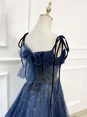 Vestidos de fiesta largos con tirantes de tul azul marino brillante