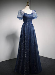 Vestido de fiesta azul marino largo con hombros descubiertos y corte A