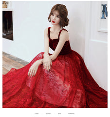 Wine Red A-line Floor Length Velvet and Tulle Straps Evening Dress Prom Dress