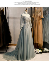 Charming Tulle Long Sleeves Beaded and Lace Long Party Dress