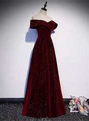 Off Shoulder Wine Red Velvet Long Party Dress